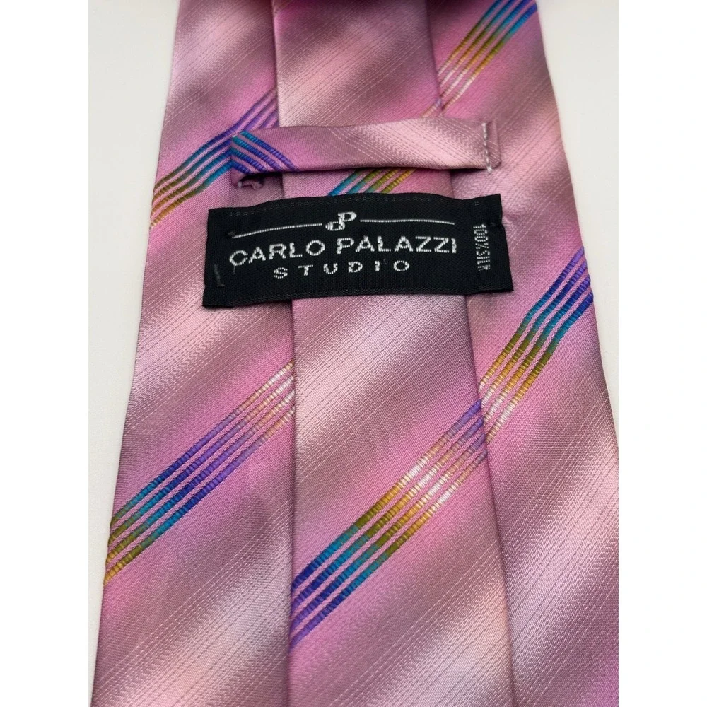 Carlo Palazzi Studio Mens Silk Tie Pink Ombre Rainbow Diagonal Stripe USA Made